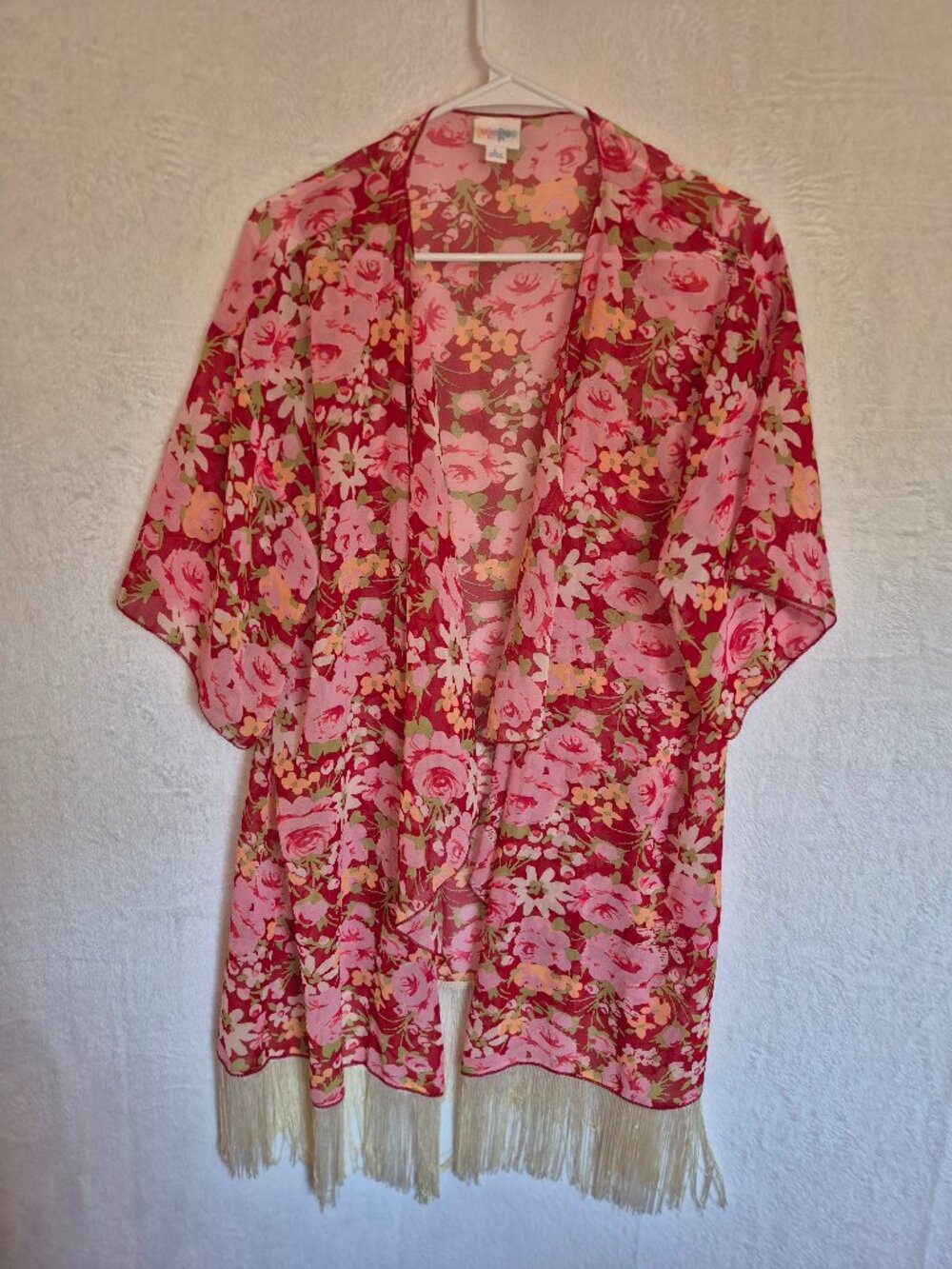 LuLaRoe Monroe Kimono Size L Floral Sheer Fringe Duster Feminine Romantic Boho